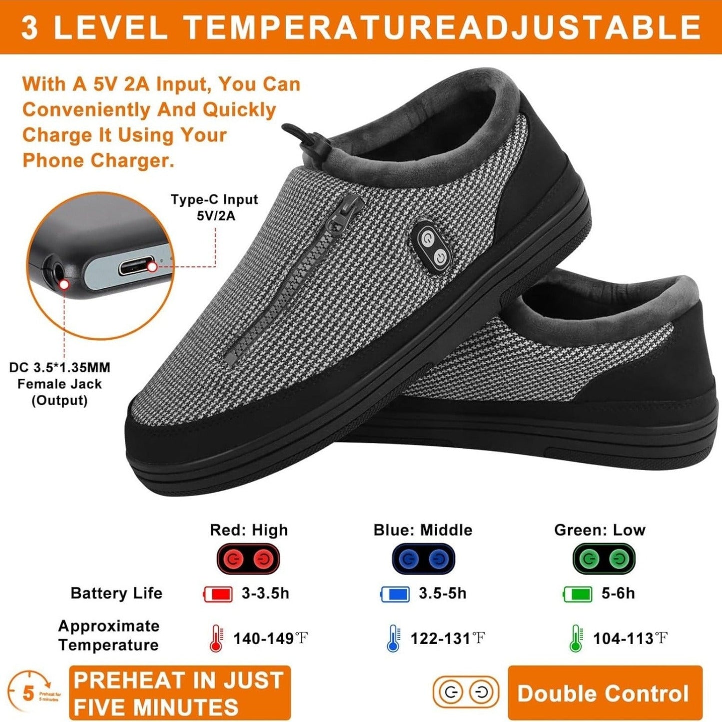 Rechargeable Heated Slippers with 5000 mAh Battery, Three Heat Settings and M or L Size Options