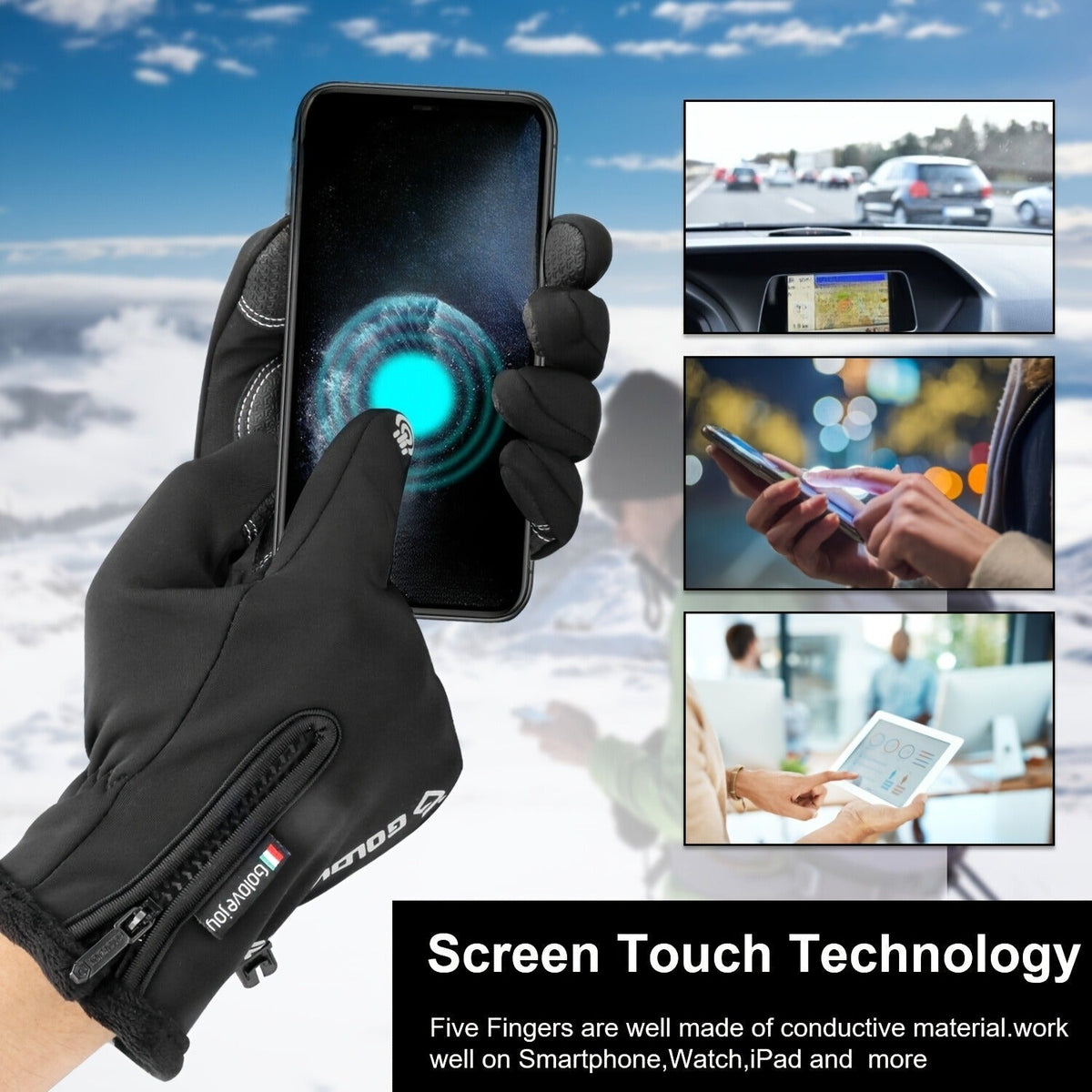 Two-Pair Full-Finger Winter Gloves in Black or Gray with Complete S, M, L, XL and XXL Size Grid