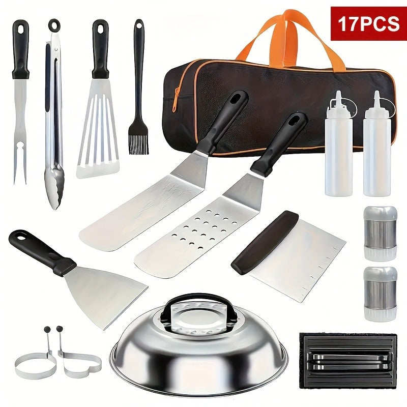 BBQ Tool Set Stainless Steel Grill Accessories Kit with Meat Thermometer Teppanyaki Press Board for Outdoor Camping Home Kitchen Party