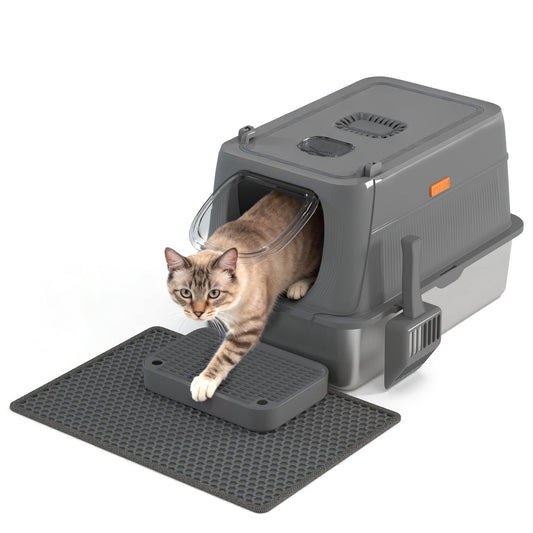 Extra Large Enclosed Cat Litter Box - Stainless Steel with Front Flap Door, Foldable Anti-Splash Fully Covered Design, Superior Odor Control Indoor Cat Toilet, 3 Colors, CITYLIFE Oversized