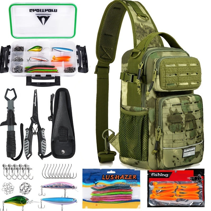 Camouflage Fishing Shoulder Bag with Six Checkout Options, Multi-Pocket Layout, Rod Holder and Bottle Pocket