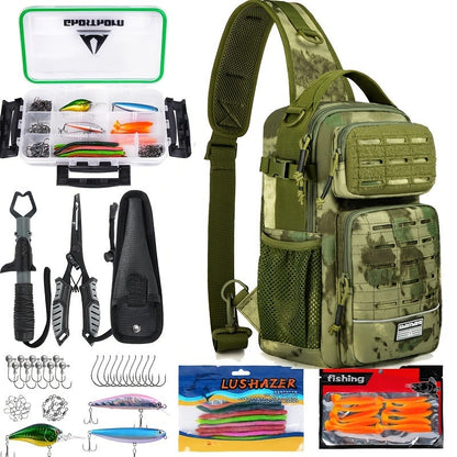 Camouflage Fishing Shoulder Bag with Six Checkout Options, Multi-Pocket Layout, Rod Holder and Bottle Pocket