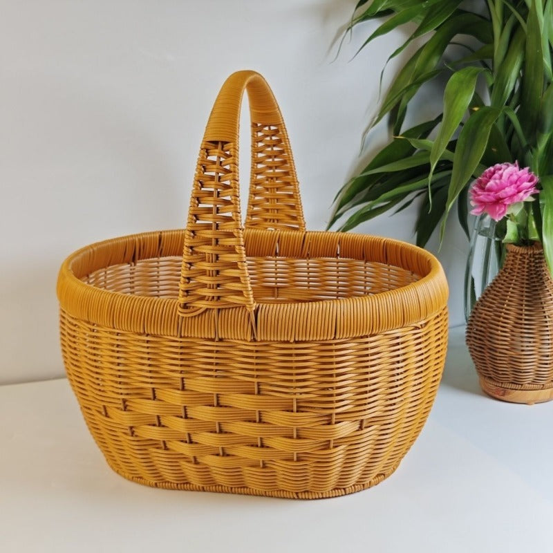 Rattan Basket Woven Shopping Basket with Handle – Extra Large Handcrafted Picnic Basket for Fruits, Eggs, Vegetables, Farmers Market & Shelf Storage, 36×28×20cm
