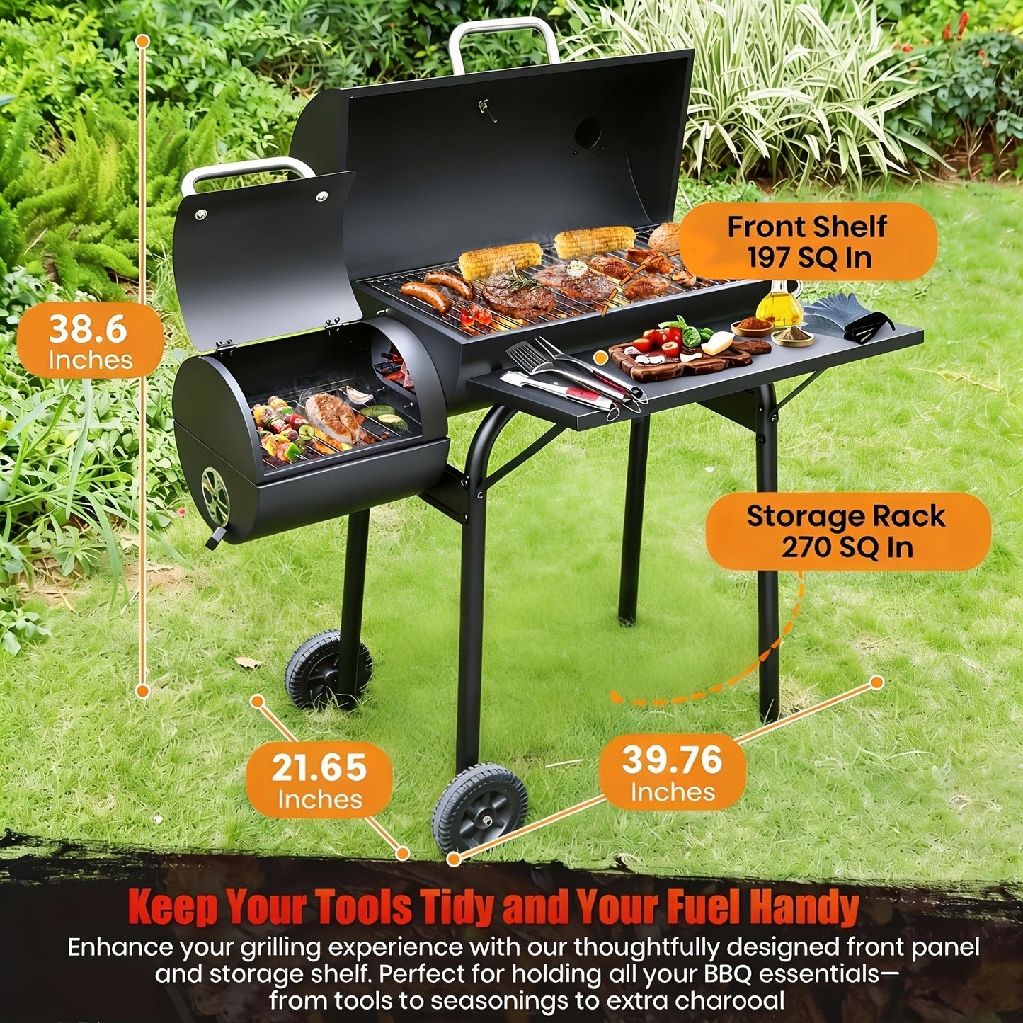 Charcoal Grill with Offset Smoker, Barrel BBQ Smoker Grill Combo for Backyard & Patio, Heavy-Duty Outdoor Charcoal Smoker with Side Firebox for Smoking, Grilling & BBQ Parties