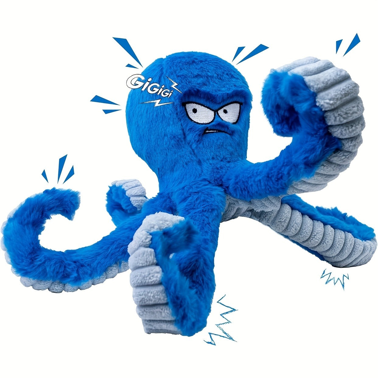 Dog Toy Octopus Plush with Built-In Squeaker and Crinkle Texture in Blue or Yellow with 1, 2 or 4-Pack Options