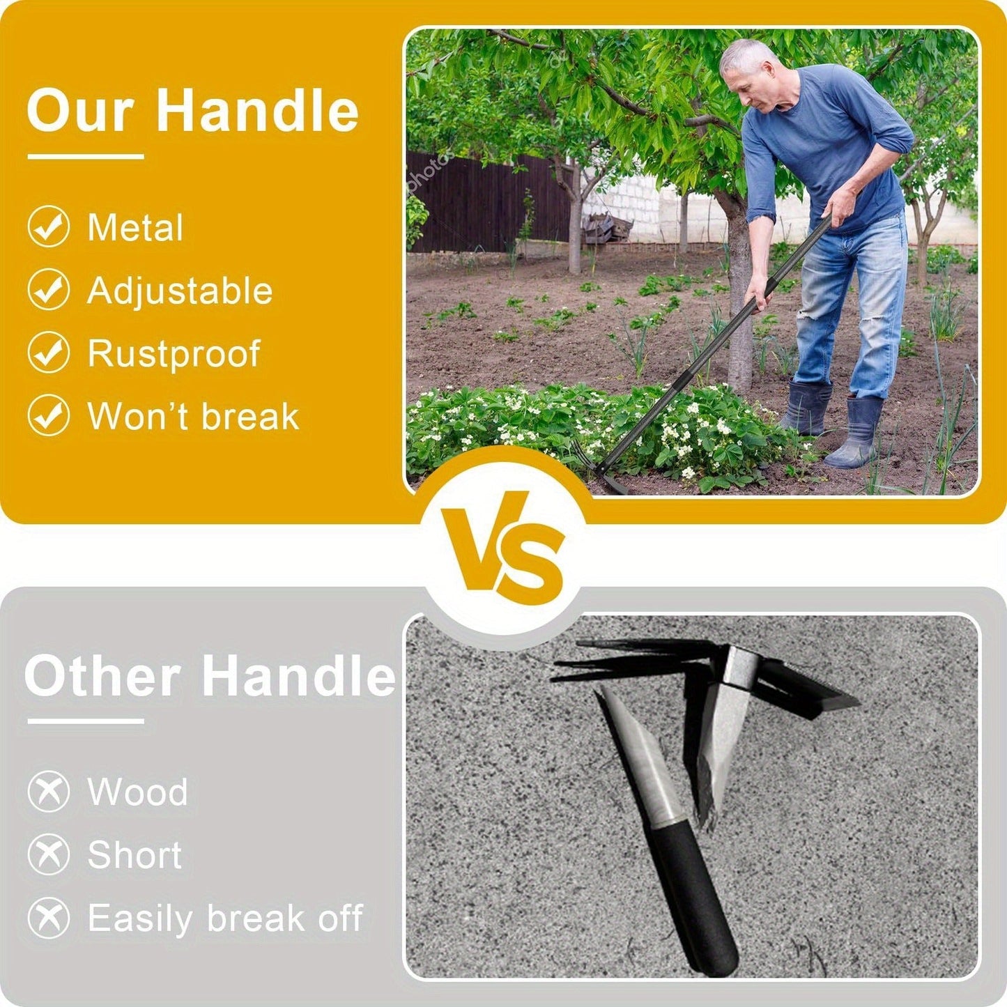 Garden Cultivator Hoe 2-in-1 60 Inch Long Handle Steel Tiller Blade & 3-Prong Cultivator Head for Weeding Tilling Loosening Soil Planting Lightweight