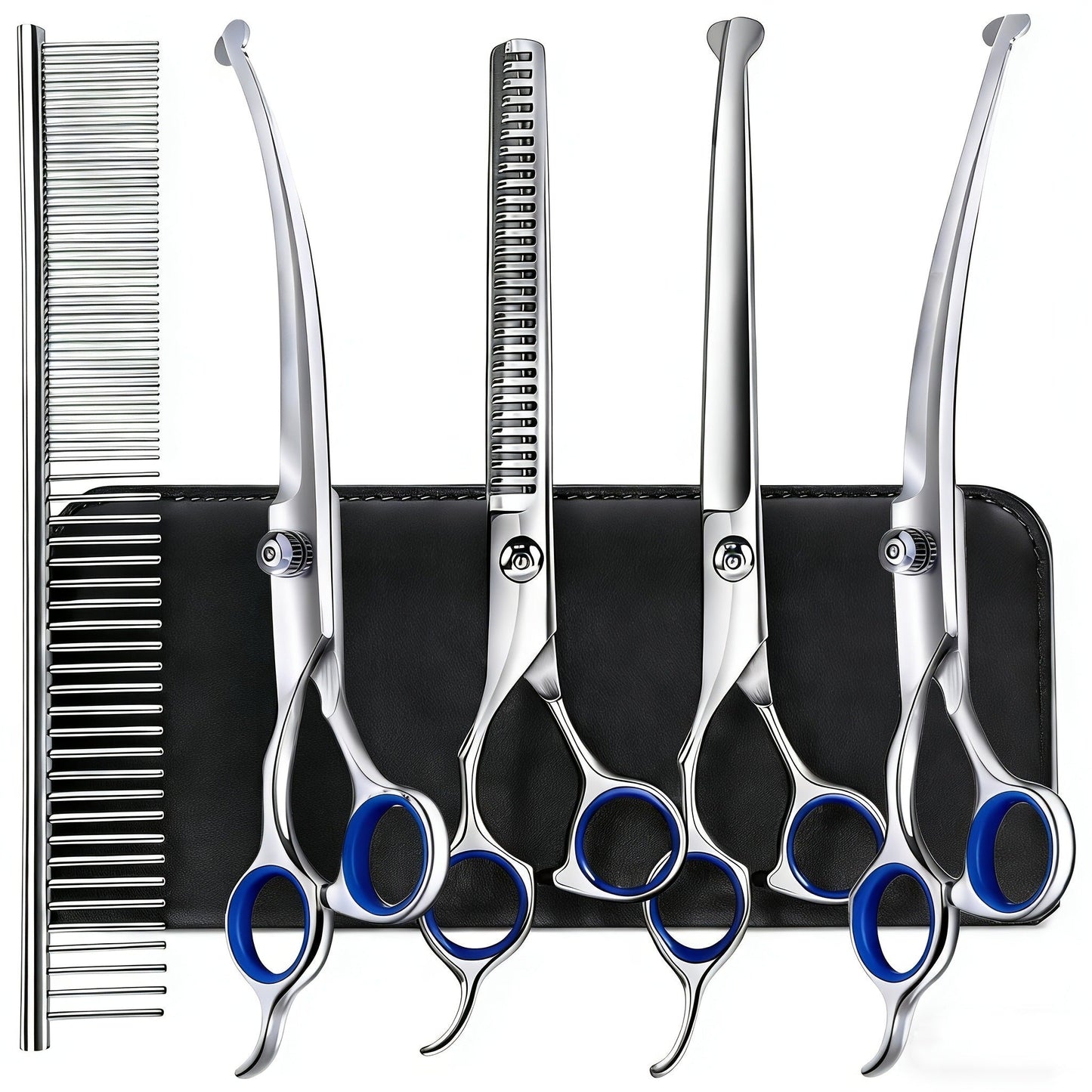 Pet Grooming Scissors Set, Seven-Piece 4CR Stainless Steel Kit with Straight, Curved and Thinning Shears