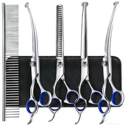 Pet Grooming Scissors Set, Seven-Piece 4CR Stainless Steel Kit with Straight, Curved and Thinning Shears