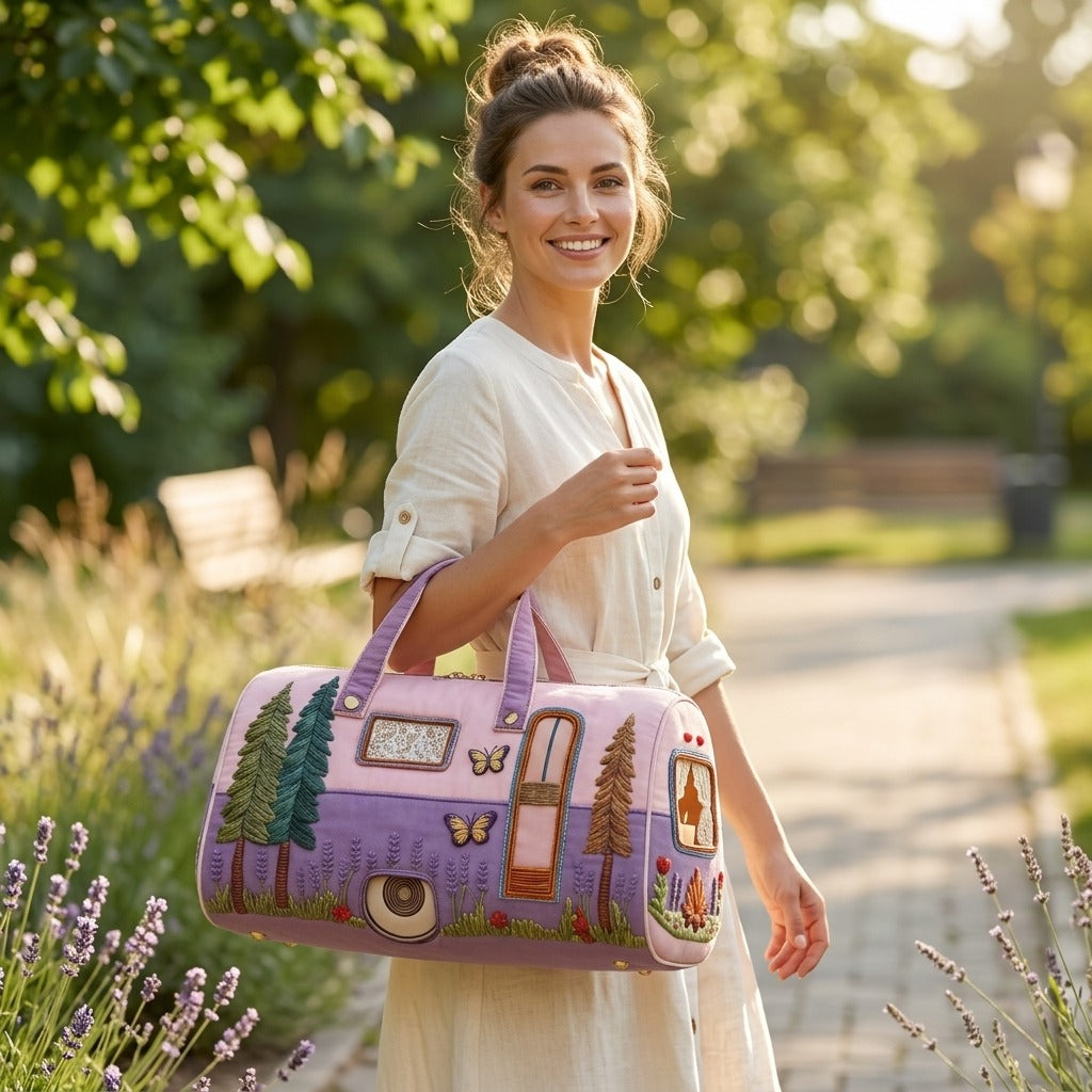 Camper Motif Quilted Travel Tote Bag with Zippered Top, Lavender Handles and 16 x 8 x 8-Inch Checkout Size
