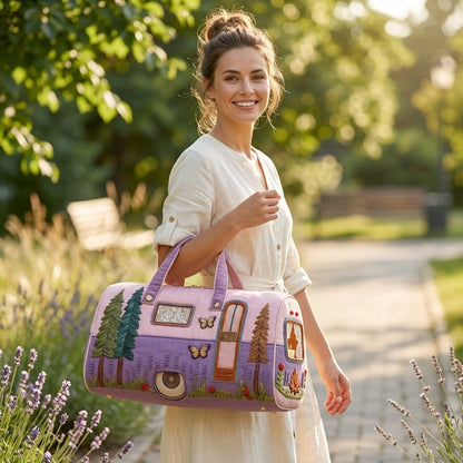 Camper Motif Quilted Travel Tote Bag with Zippered Top, Lavender Handles and 16 x 8 x 8-Inch Checkout Size