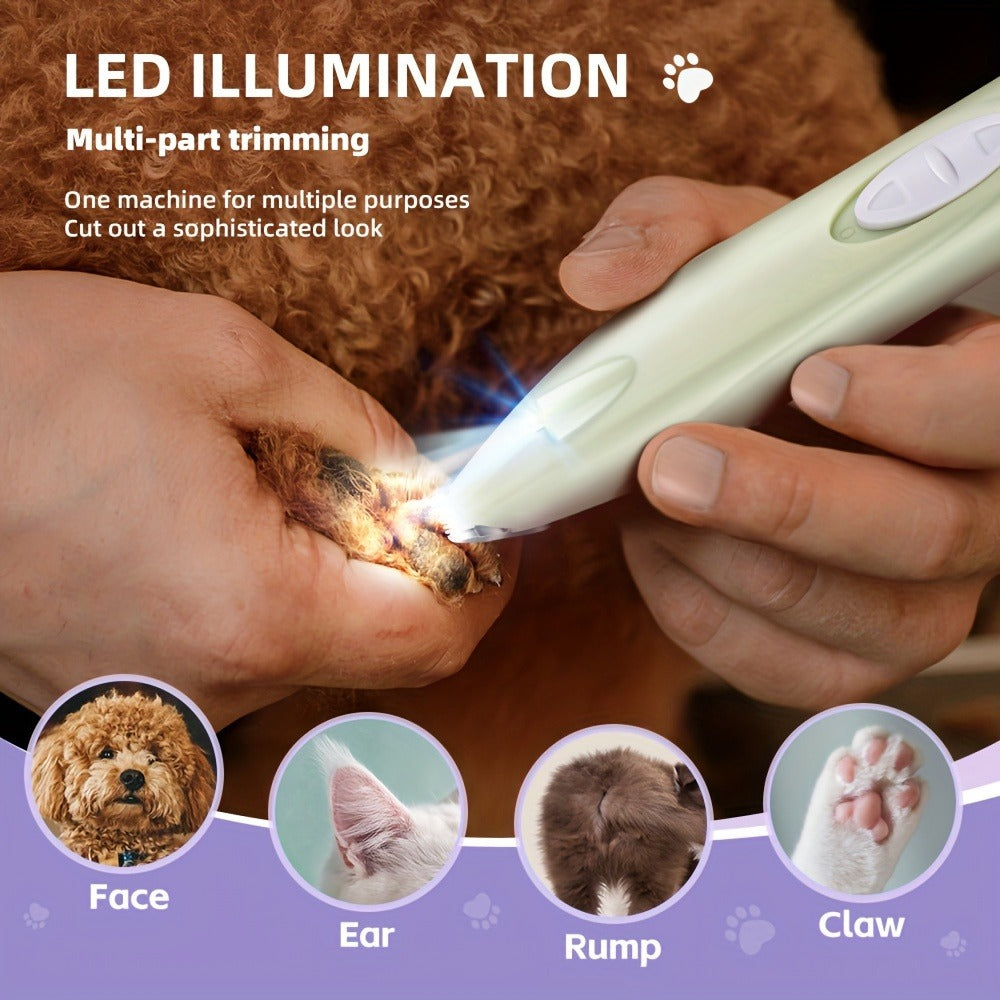 LED Dog Paw Trimmer with USB-Rechargeable Cordless Design, Spare Head Pieces and Purple or Green Finish