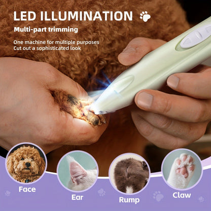 LED Dog Paw Trimmer with USB-Rechargeable Cordless Design, Spare Head Pieces and Purple or Green Finish