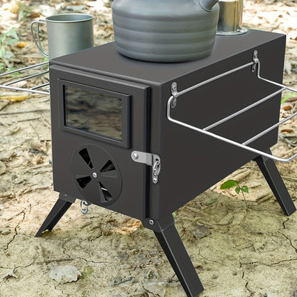 Wood Burning Camp Stove with Chimney Pipe Portable Outdoor Camping Stove for Cooking, BBQ, Boiling Water & Heating, Stainless Steel Hot Tent Stove with Folding Rack, Ash Hook & Accessories Included