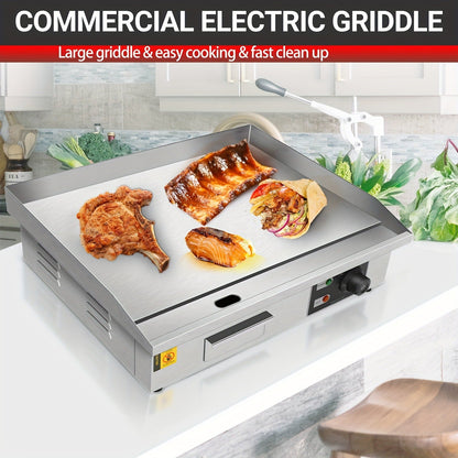 Flat Top Griddle 22 Inch 1600W Electric Countertop Teppanyaki Grill Non-Stick Stainless Steel Commercial Restaurant Griddle Adjustable Temp 50-300°C