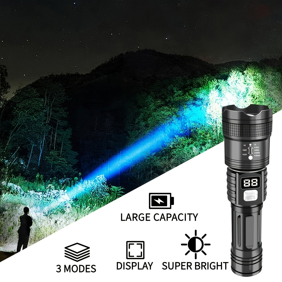 Flashlight 800-Lumen Zoomable Rechargeable Torch with 150m Range in 2, 4 or 8-Piece Packs for Outdoor Use