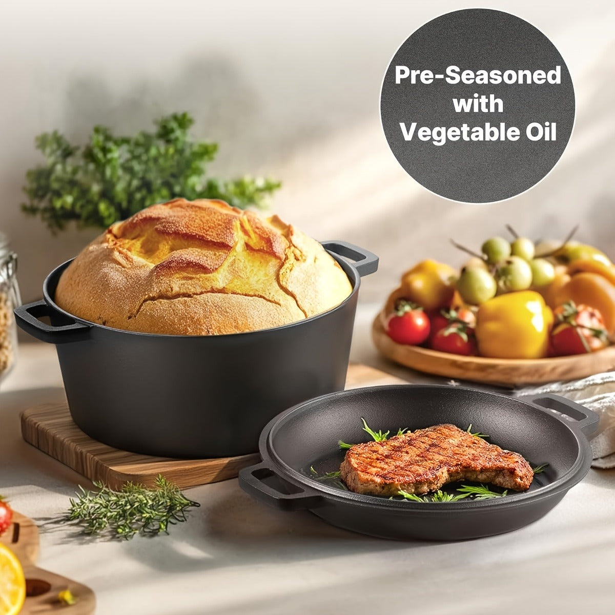 Pre-Seasoned-Labeled Cast Iron Dutch Oven with Reversible Skillet Lid, Trivet, Handle Covers and Scraper