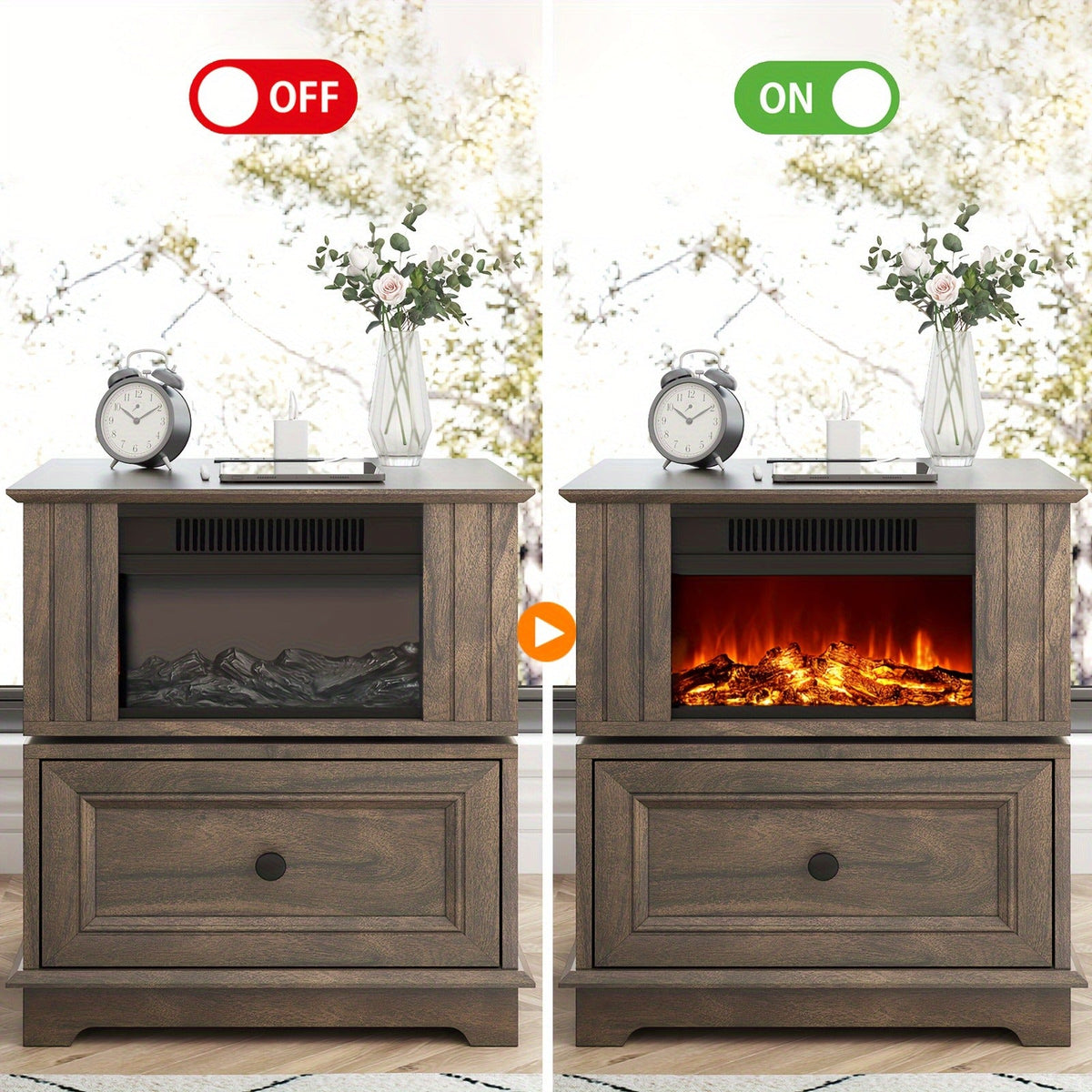 Electric Fireplace End Table Rotating 13-Inch Screen Side Table with Fast Charging Station Storage Shelf for Living Room Bedroom