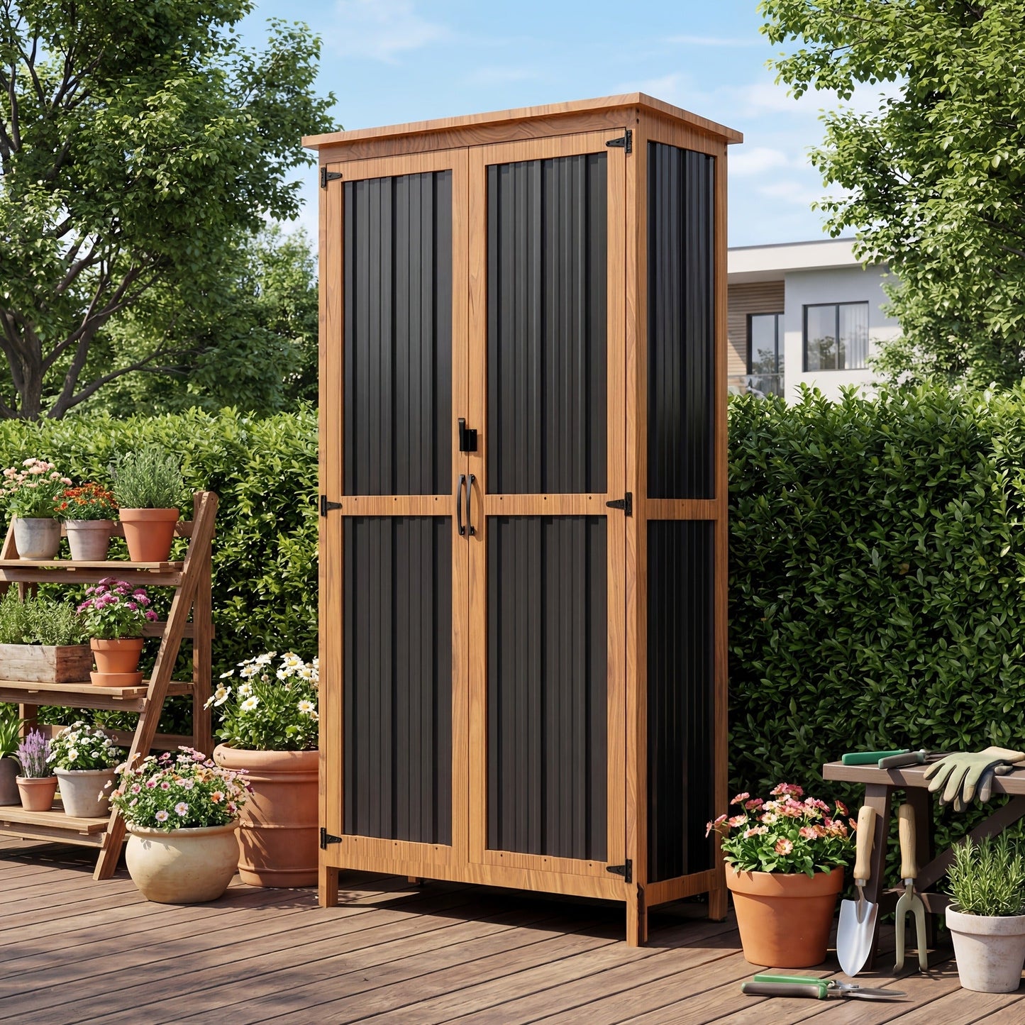 Metal Outdoor Storage Cabinets with Shelf-Equipped Tall or Low Models and 3 x 2 x 4.6 Ft Shed Option