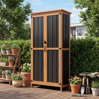 Metal Outdoor Storage Cabinets with Shelf-Equipped Tall or Low Models and 3 x 2 x 4.6 Ft Shed Option