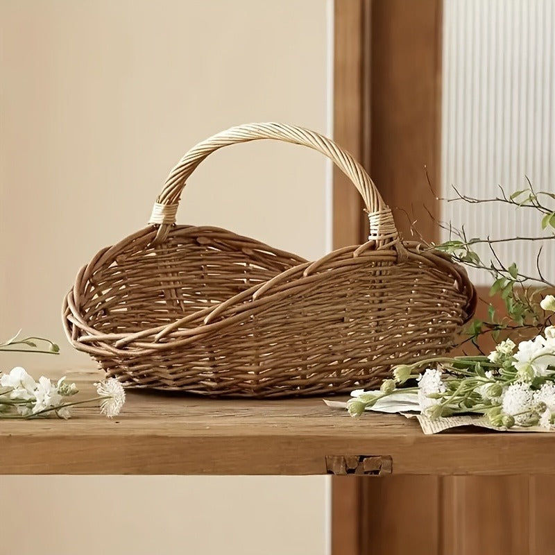 Natural Wicker Basket with Thick Walls – Handmade Farmhouse Storage Organizer for Flowers, Fruits & Vegetables, Rustic Indoor Outdoor Decor, 1 Piece