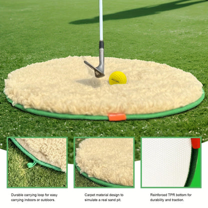 Round Golf Bunker Practice Mat with 19.69-Inch Diameter, Two Yellow Practice Balls and Green Border