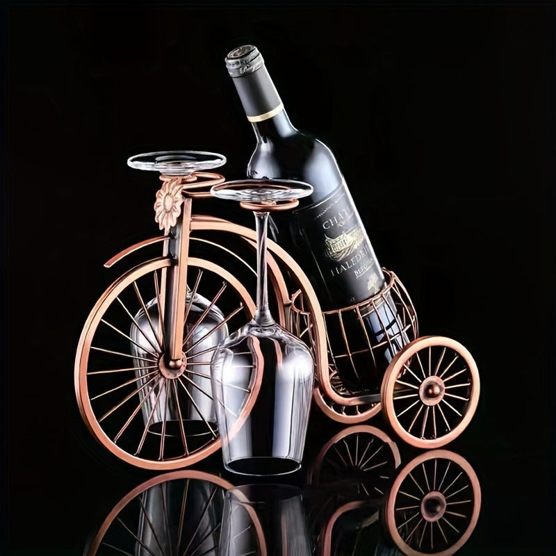 Wine Rack Bicycle Shaped - Holds 1 Bottle & 2 Glasses, Vintage Iron Bike Wine Holder for Home Decor, Tabletop Display, Parties & Gifts, Polished Finish
