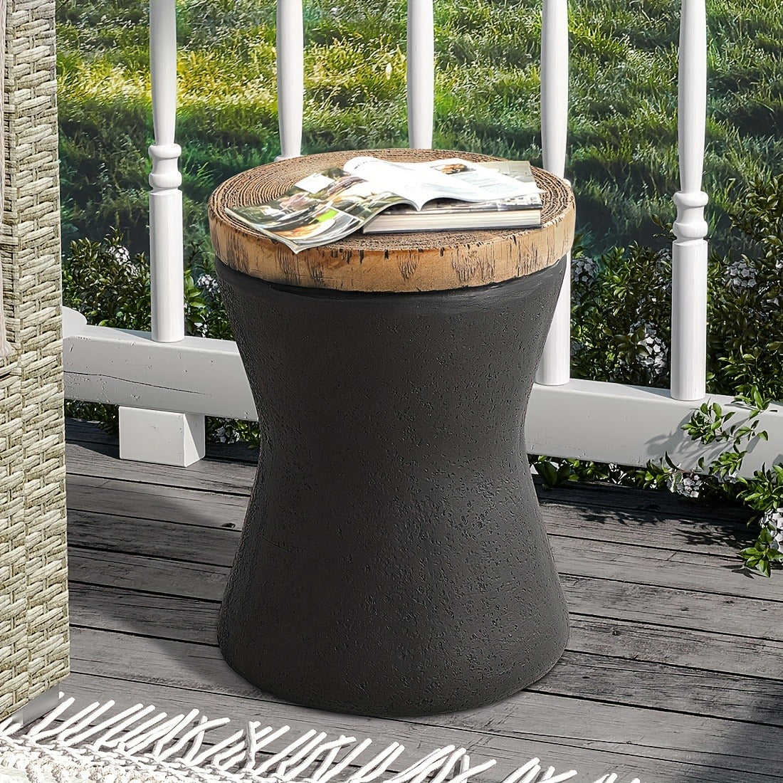 Outdoor Side Table 17-Inch Concrete Design with Wood-Look Finish in Black, Hourglass or Small Options