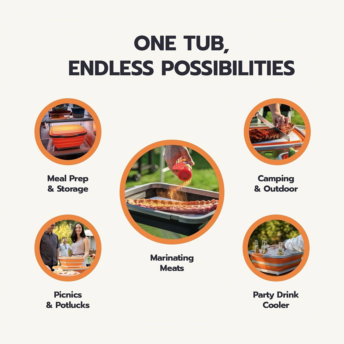 Collapsible Three-in-One BBQ Prep Tub with Cutting Board, Washing Basket, Drain Plug and Locking Lid in Black