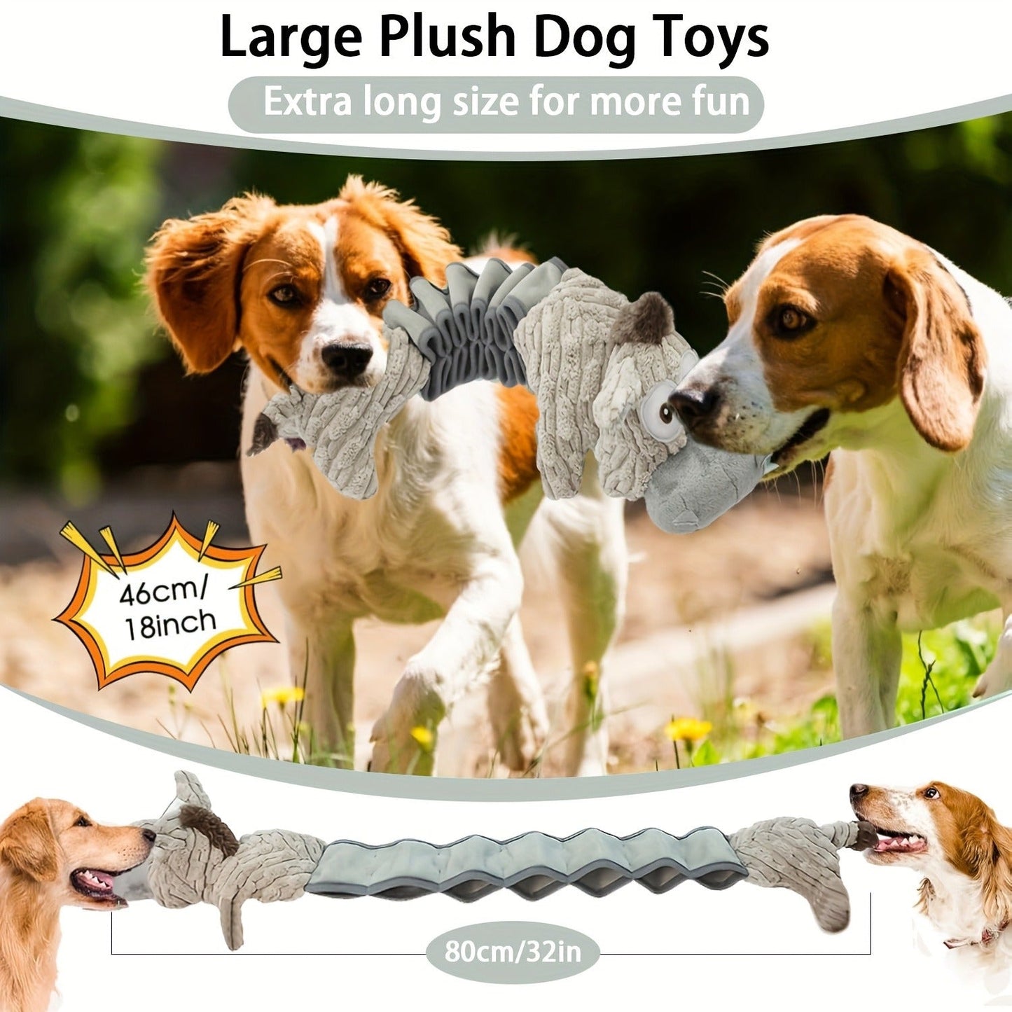 Dog Toy Stretch Donkey Plush Squeaker with Elastic Body, Textured Surface and Rope Ends in Gray White