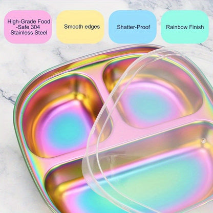 Divided Plates Stainless Steel Set of 4 with Lids - Kids Adults Portion Control Trays, for Home Cooking, Dining and Outdoor Meals