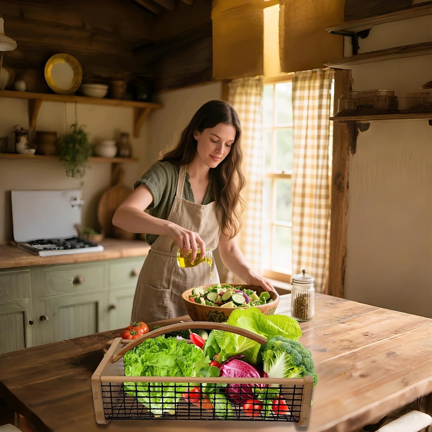 Garden Harvest Basket with Metal Mesh Body, Wooden Ends, Carry Handle and Small or Large Black Options