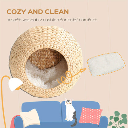 Natural-Tone Round Woven Cat Wall Condo with Removable Cushion, Mounting Hardware and 17.7-Inch Pod Diameter
