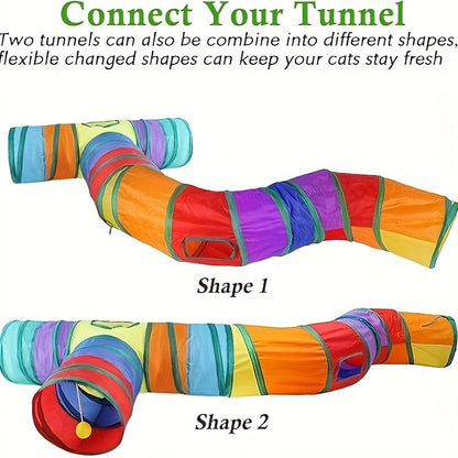 Cat Toy Rainbow Tunnel in S-Shaped or Three-Way Layouts with Peek Holes, Ball and One or Two-Pack Options