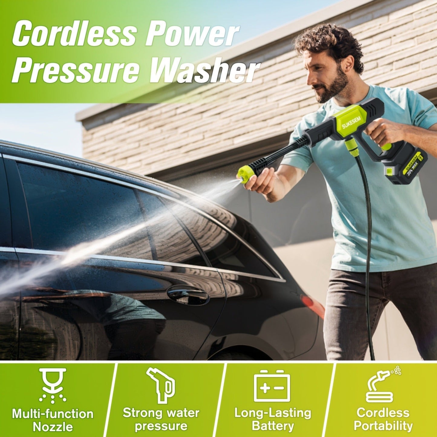 Cordless Pressure Washer Battery Powered Portable Car Wash Gun High Pressure Cleaner for Cars Yards Gardens Patios Driveways with Rechargeable Battery & Accessories