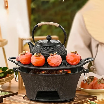Cast Iron Charcoal Grill Round Portable, Mini BBQ Grill with Wooden Board & Stainless Steel Mesh Tray, Compact Tabletop Charcoal Grill for Outdoor Camping, Pizza, Tea Cooking & Family BBQ