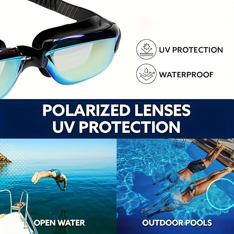 Iridescent-Lens Swim Goggles Set with Adjustable Split Strap, Swim Cap, Hard Case and Small Accessories