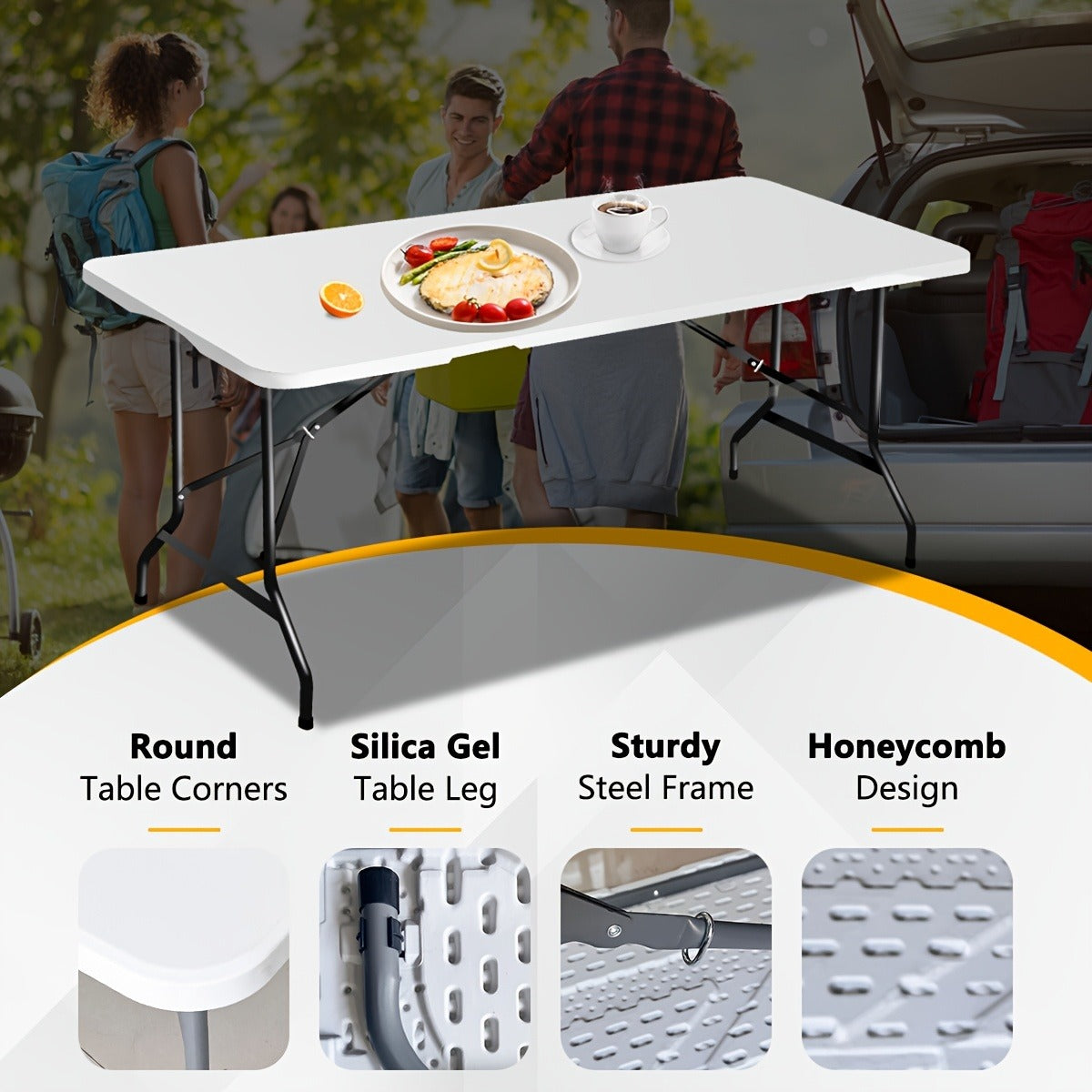 Folding Table 4ft and 6ft White Plastic Top with Black Metal Legs, Carry Handle and Adjustable Height