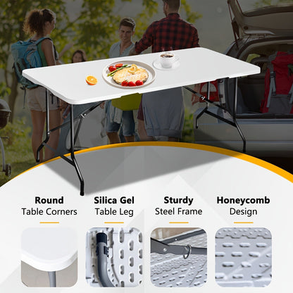 Folding Table 4ft and 6ft White Plastic Top with Black Metal Legs, Carry Handle and Adjustable Height