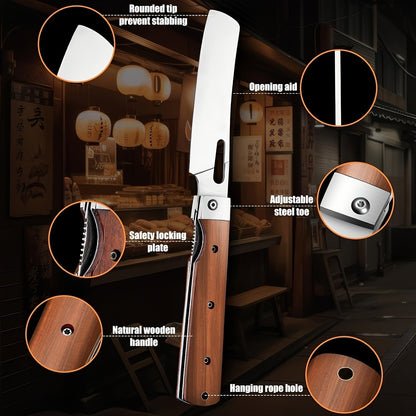 Folding Knife Nakiri 440C Stainless Steel – Ultra-Sharp Portable Chef Knife with Cocobolo Wood Handle & Liner Lock | Handcrafted Camping BBQ Kitchen Vegetable Knife Gift 12-Month Warranty