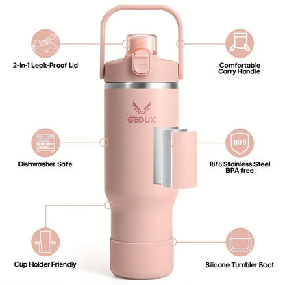 GEDUX Stainless Steel Water Bottle with Handled Lid and Removable Cup in 32oz or 40oz and Nine Styles
