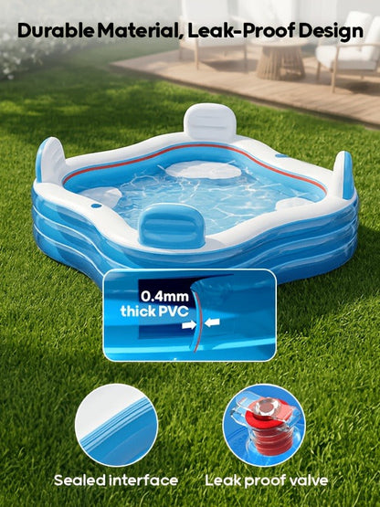 Inflatable Lounge Pool with Backrest 4 Seats 80x80x32 Inch Blow Up Pool for Adults Family Outdoor Garden Backyard Summer Water Party Portable