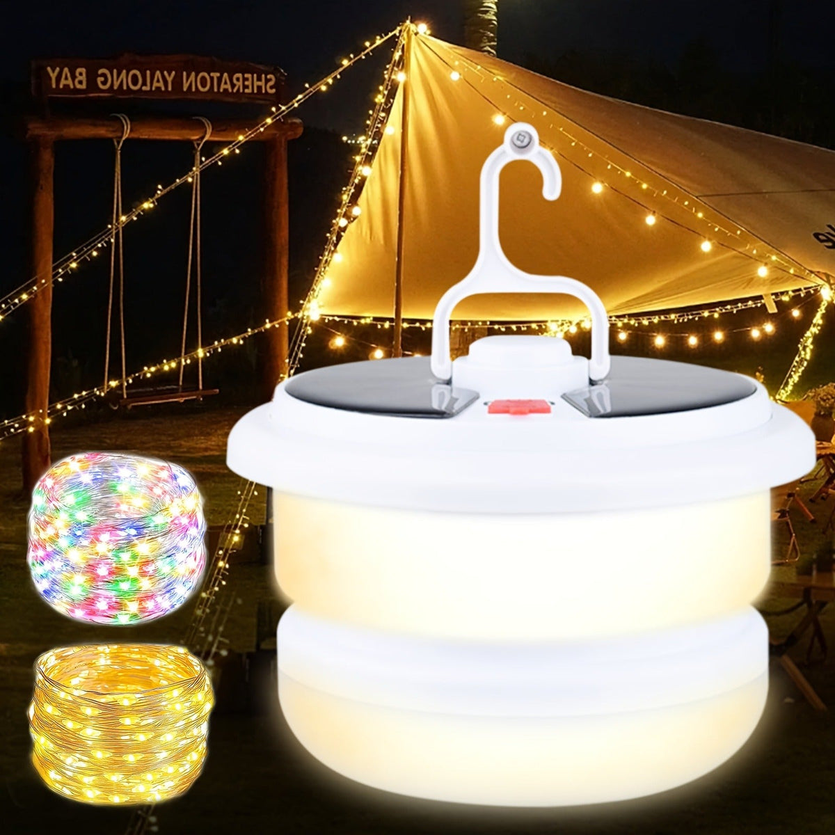 Solar Camping Lantern with Retractable 32.8ft String Lights, Six Modes, USB-C Port and Hand Crank