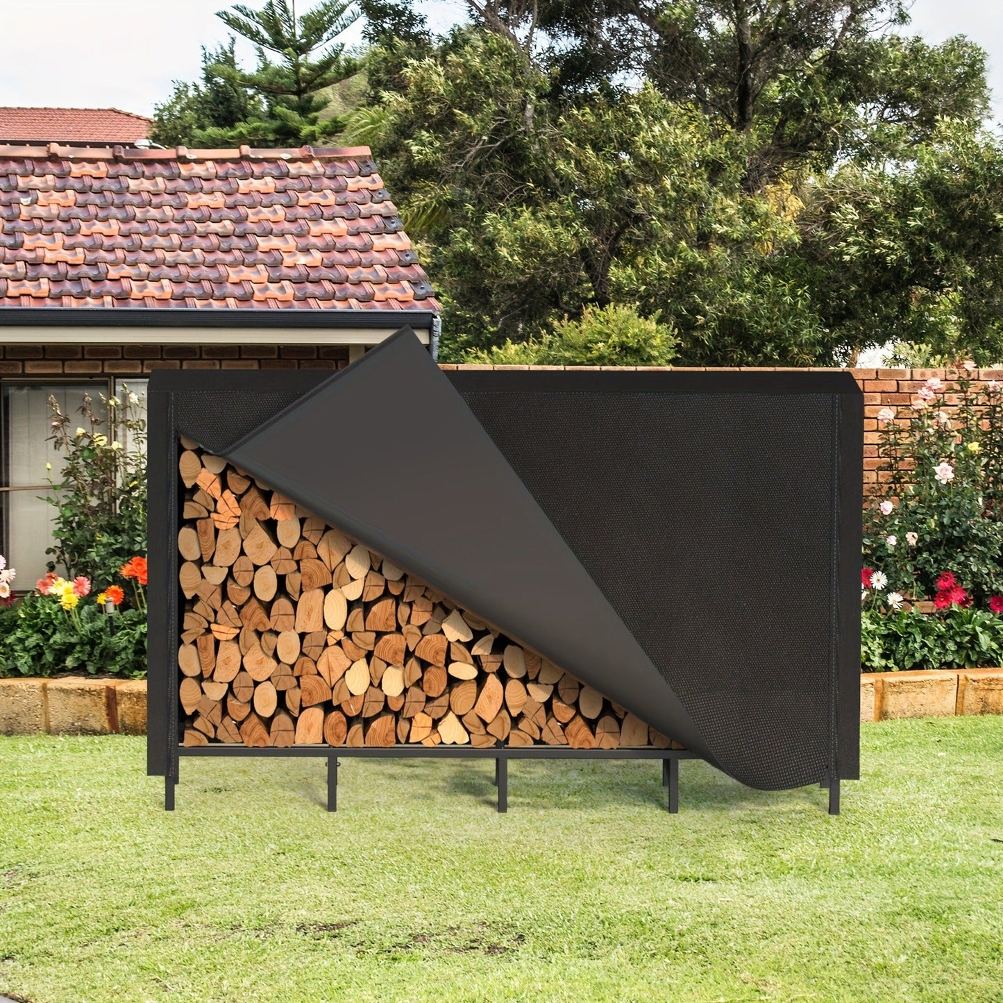 Firewood Rack Heavy Duty Adjustable — Outdoor & Indoor Log Holder with Cover, A-Frame Steel Wood Storage Stand for Fireplace, Patio, Cabin