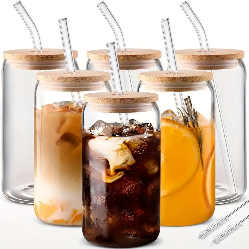Drinking Glasses Set with Lid and Straw 550ml Oval Glass Cups 4 or 6 Piece – Iced Coffee Smoothie Bubble Tea Juice Tumbler Set for Home Entertaining Gifting