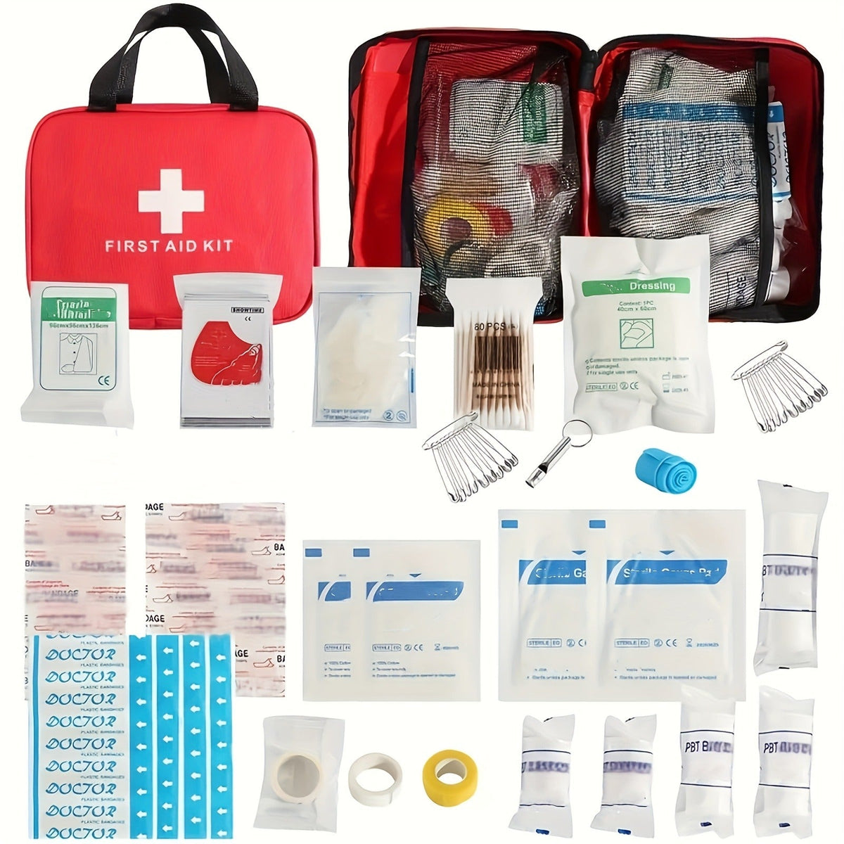 25-Item First Aid Kit with Red Handled Zipper Case, Two Mesh Sections and Labeled Supply Packets