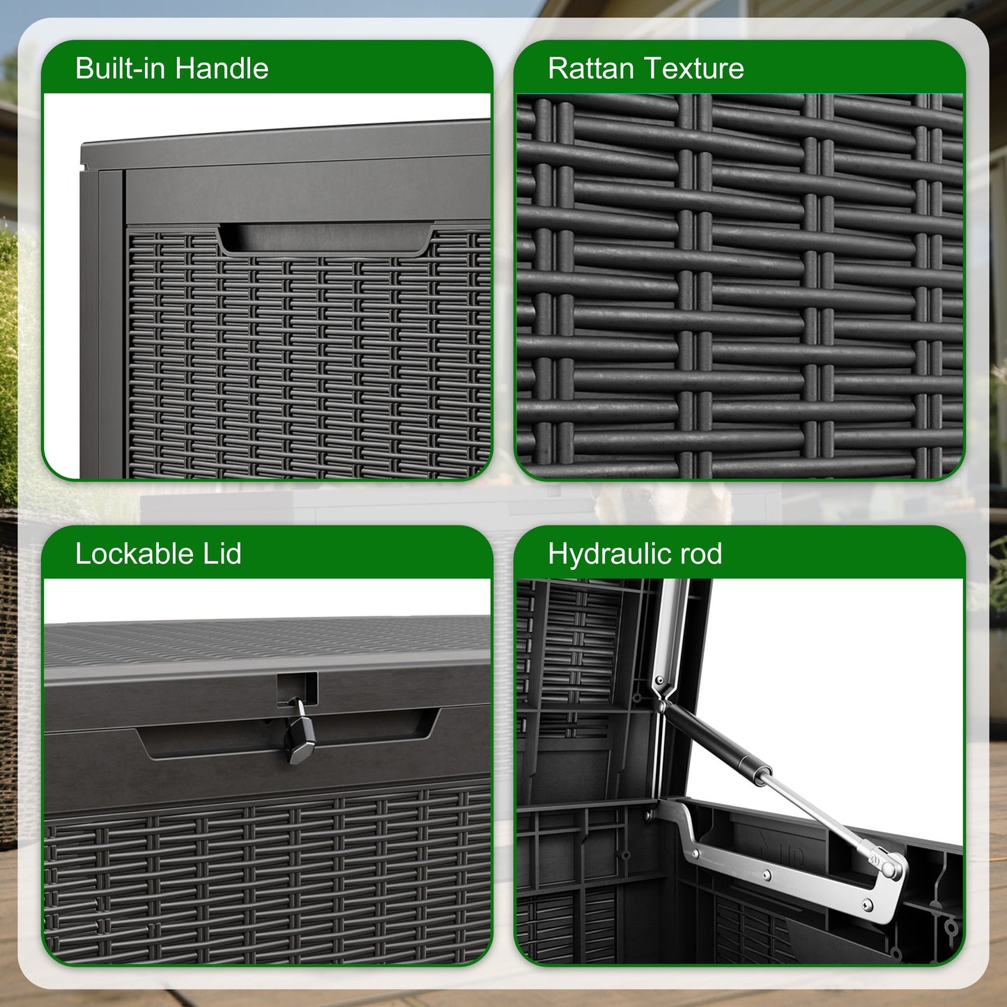 Large Gray Rattan-Look Outdoor Storage Box with 110-Gallon Pictured Capacity, Handles and Hinged Lid