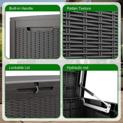Large Gray Rattan-Look Outdoor Storage Box with 110-Gallon Pictured Capacity, Handles and Hinged Lid