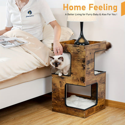 Cat Tree Small Modern 23.6" Wood Cat Tower Furniture with Scratching Pad Removable Soft Mats & Free Cat Toy for Indoor Kittens, Climbing Scratching Playing Cat Furniture for Small Spaces, Brown