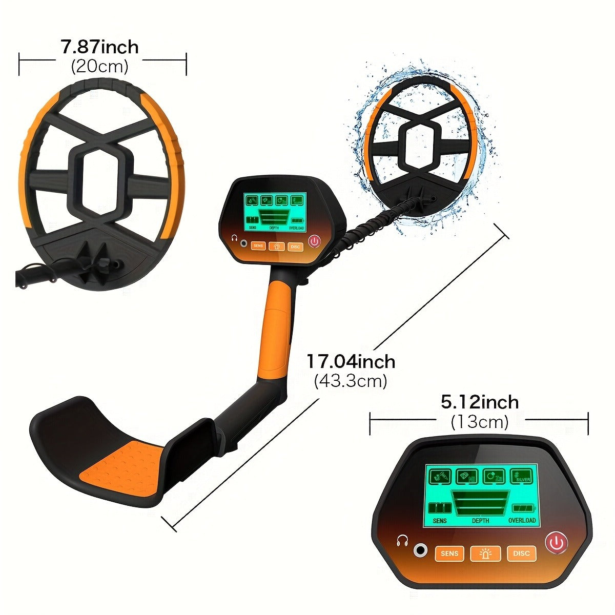 LCD Metal Detector with 8-Inch Search Coil, Adjustable Shaft and Green, Yellow or Basic-Version Options