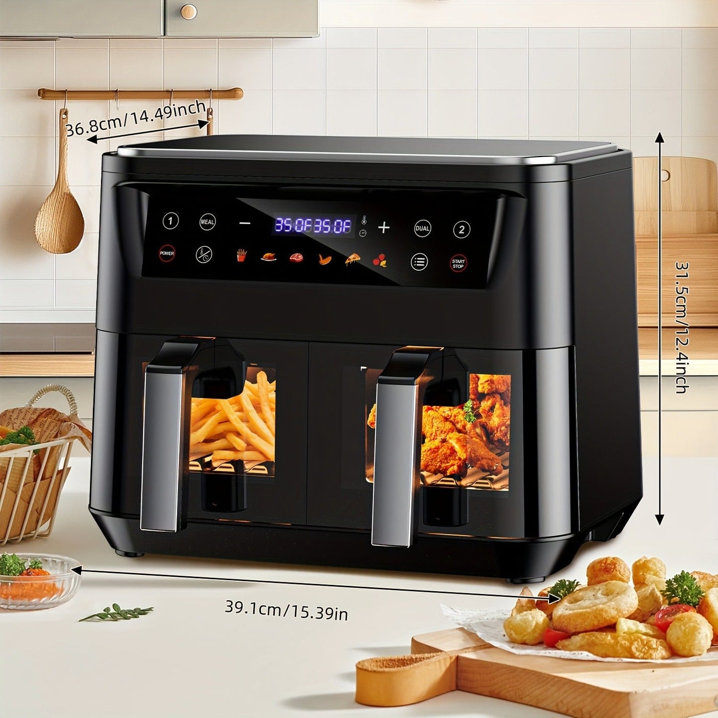 10Qt Dual-Basket Air Fryer with Two Viewing Windows, Sync Controls, Touch Panel and 50 Paper Liners